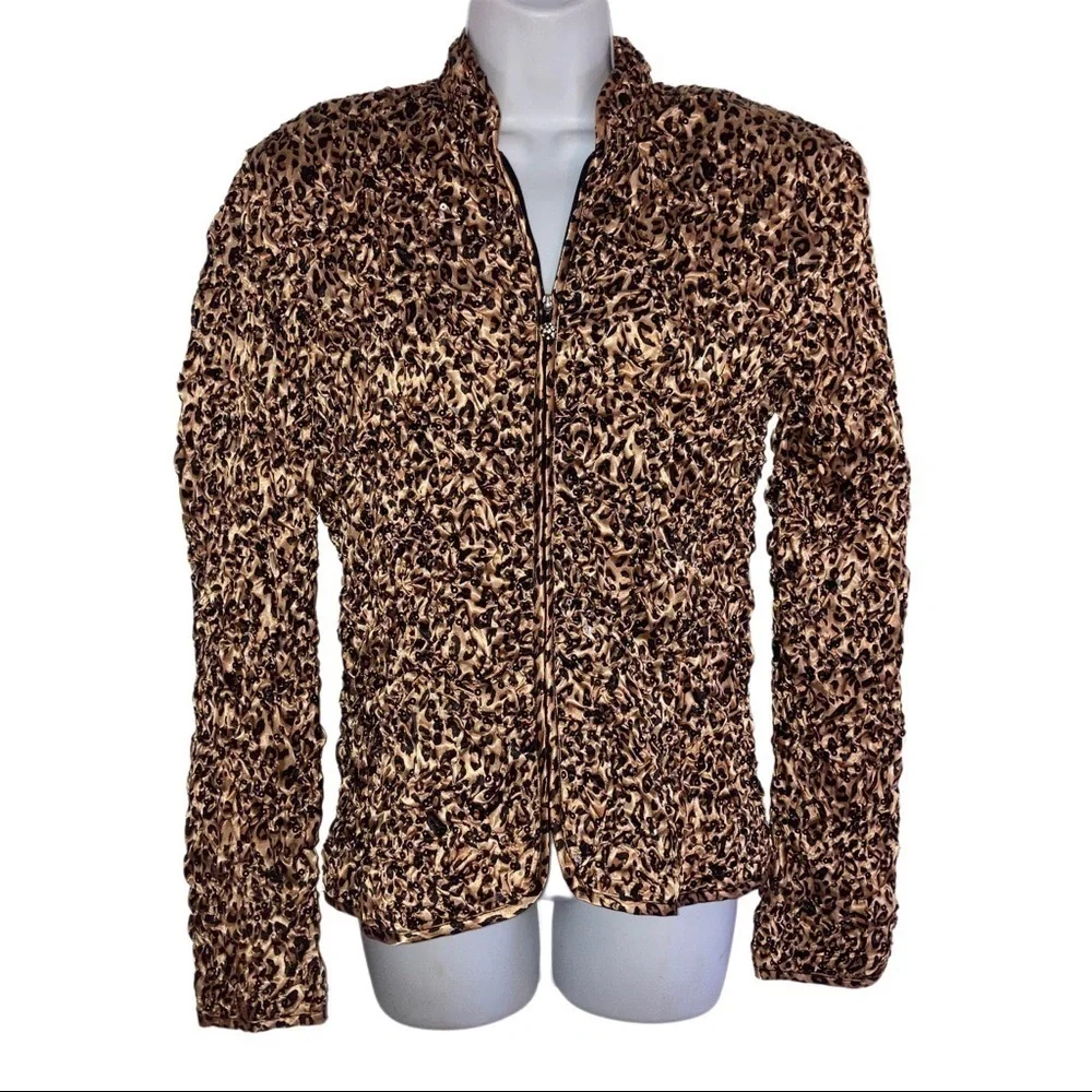 MSK Leopard Crimp Satin Sequin Zip Front Jacket M Beige Black